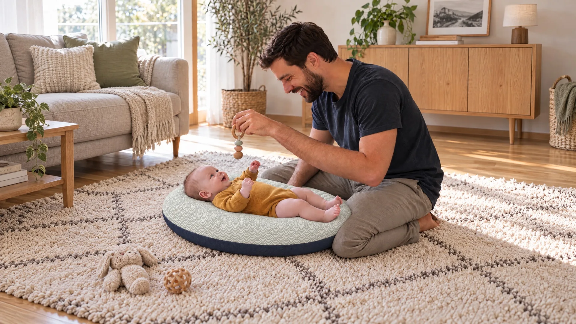 Baby liegt auf dem Ei-Kissen am Boden
