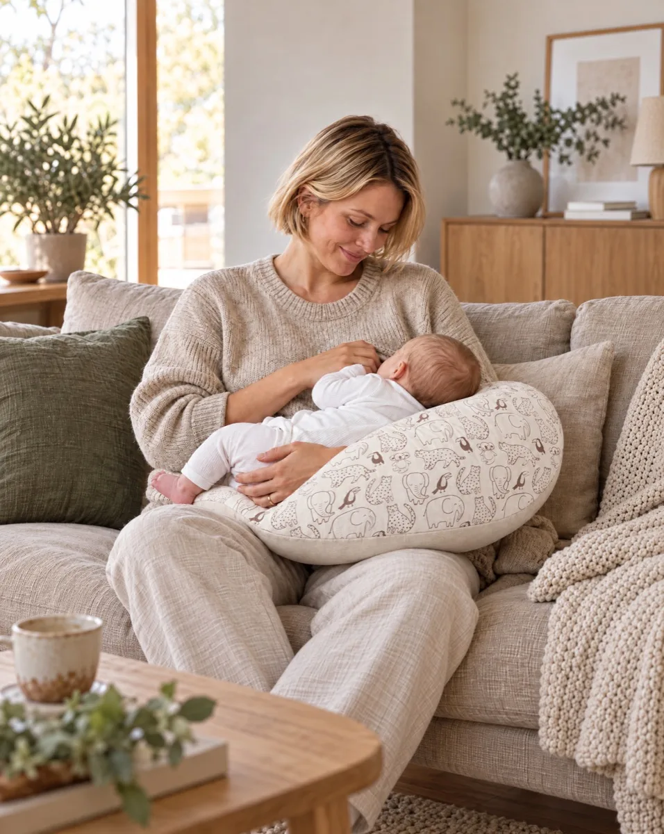 Mutter stillt ihr Baby auf dem Ei-Kissen
