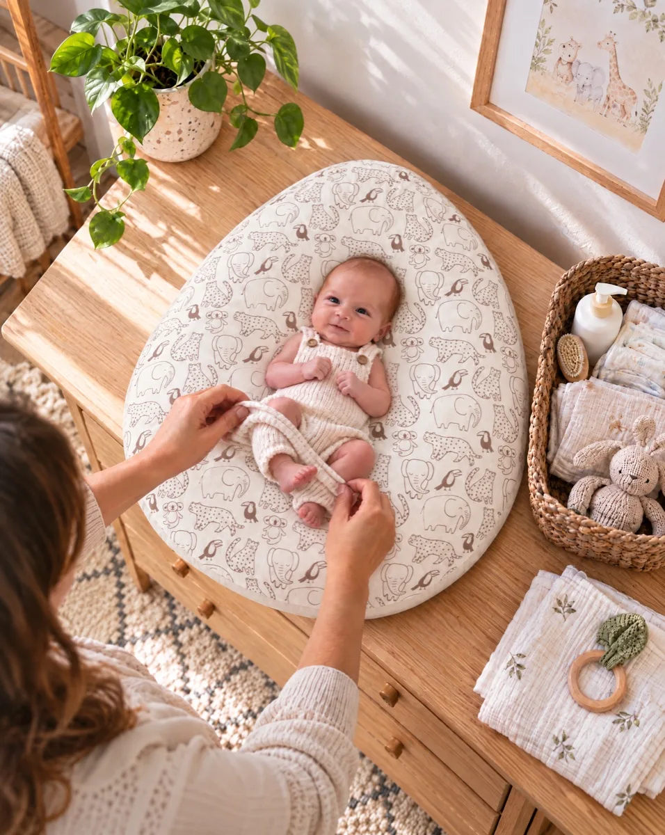 Baby liegt beim Wickeln auf dem Ei-Kissen