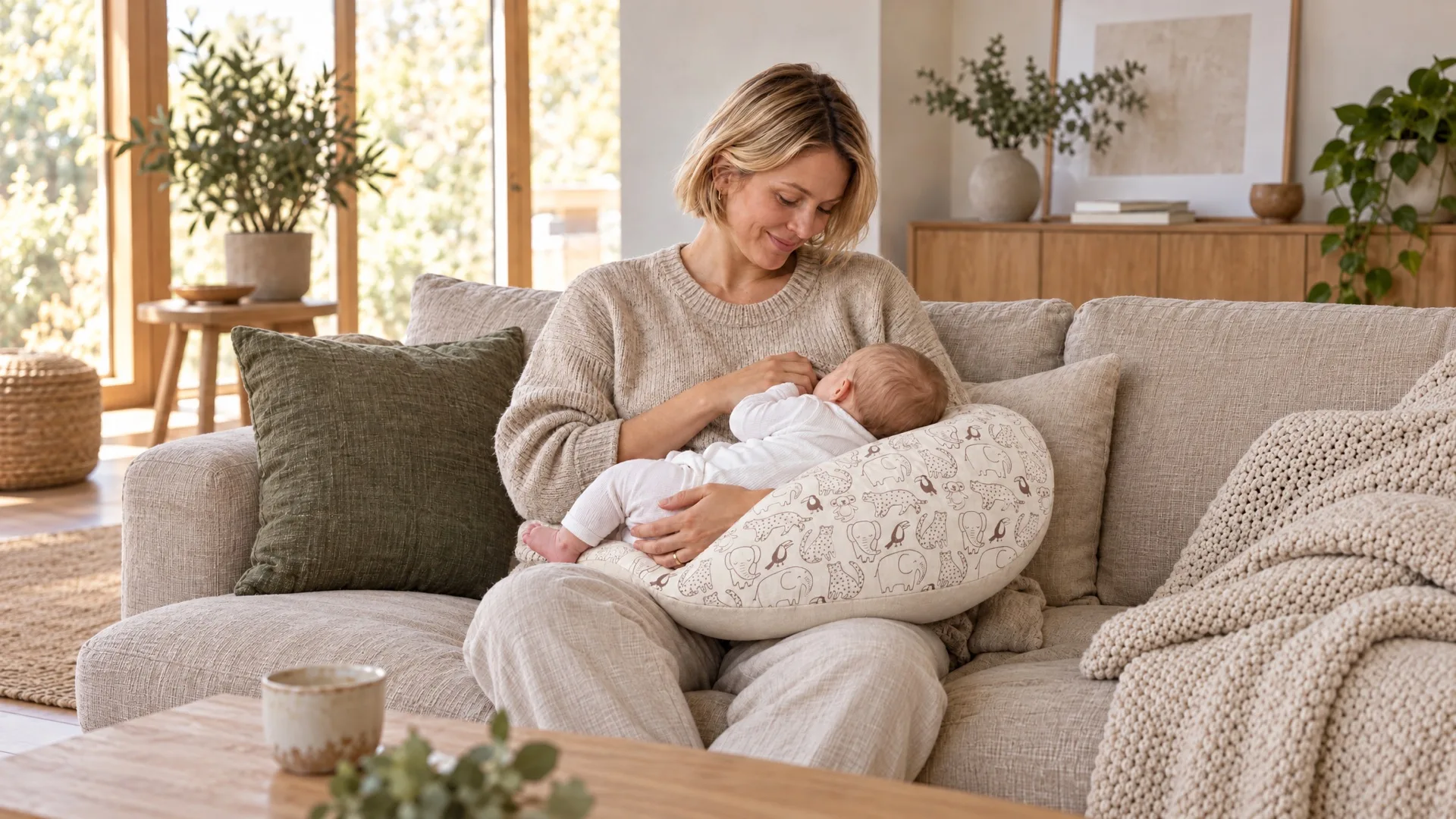 Mutter stillt ihr Baby auf dem Ei-Kissen